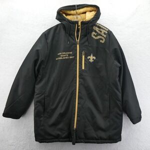 New Orleans Saints Jacket Mens Large Black Gold Hooded Parka Vintage Y2K Coat